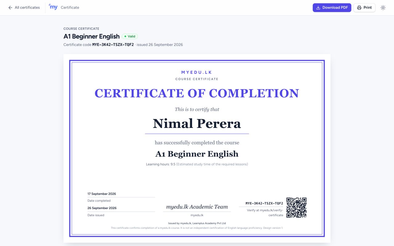 A course certificate for A1 Beginner English with its code, QR code, learning hours and a Download PDF button.