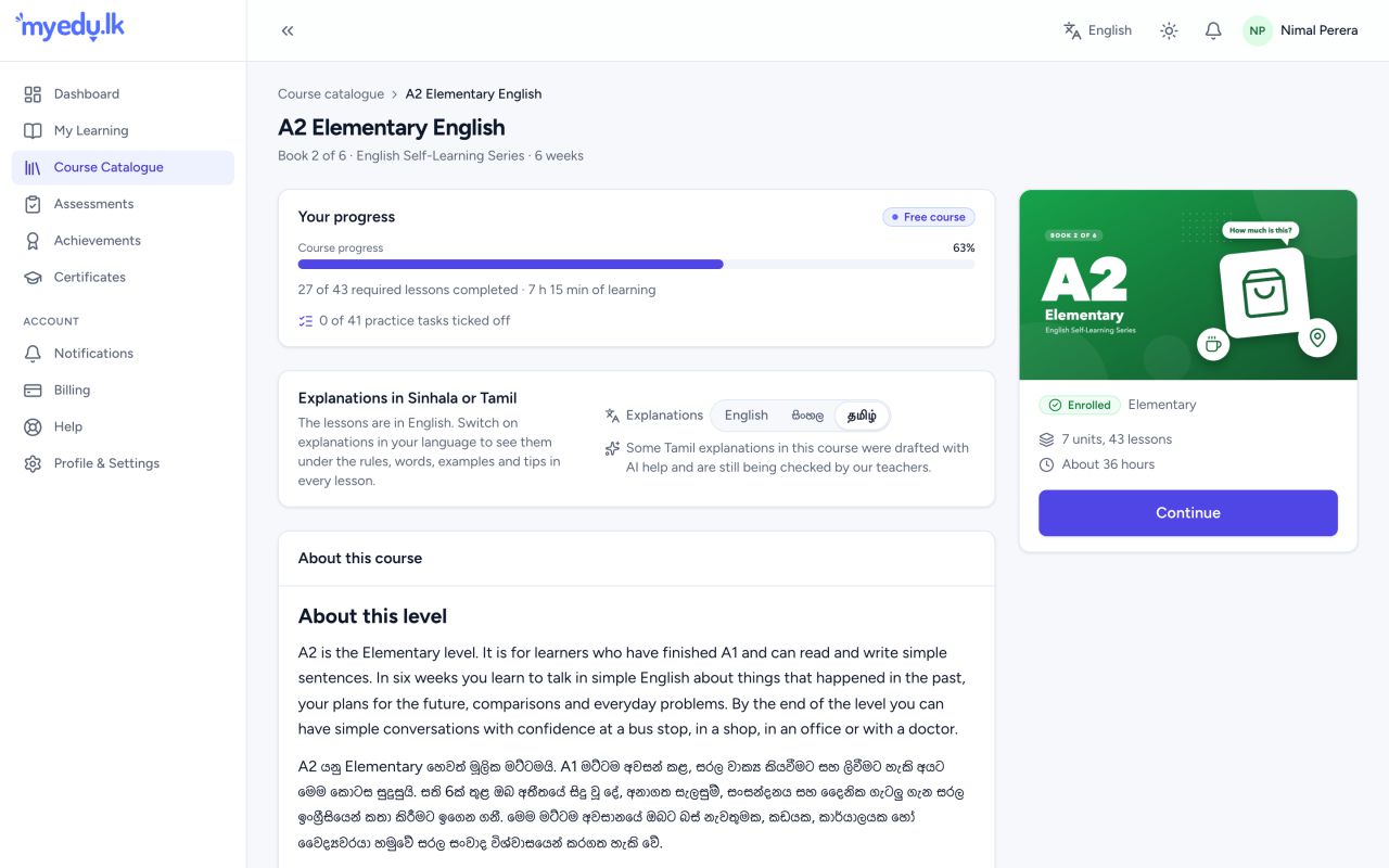 The A2 Elementary English course page with 63% progress and the choice of explanations in English, Sinhala or Tamil.