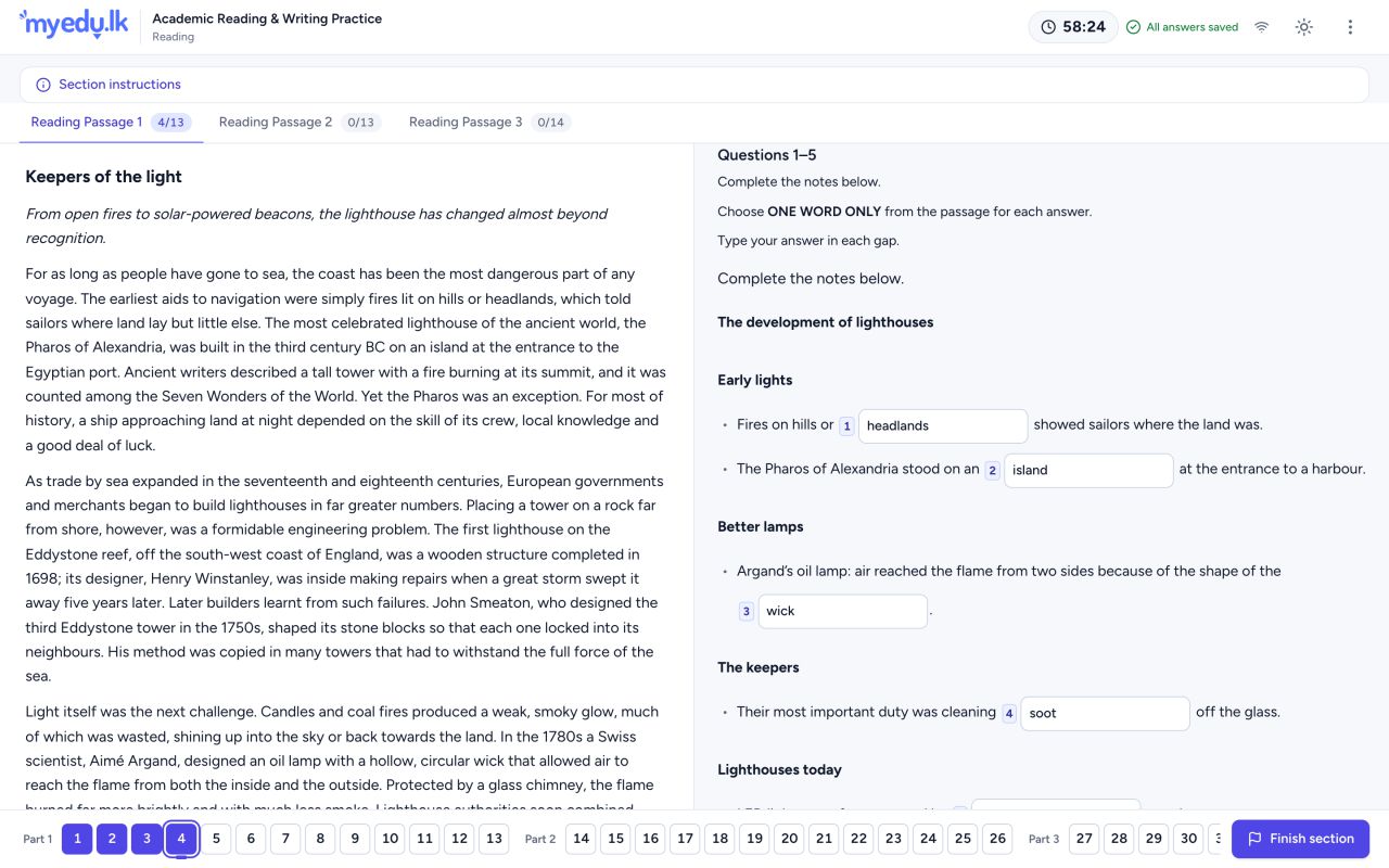 An IELTS Academic Reading practice test: the passage beside the questions, a timer at 58 minutes and four answers saved.