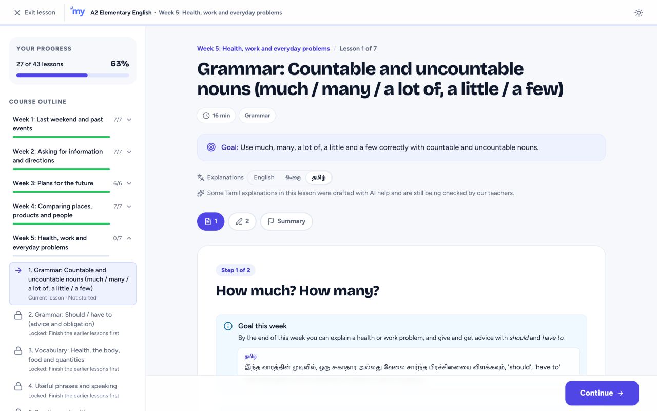 A grammar lesson on countable and uncountable nouns, with the lesson goal, the course outline and a Tamil explanation.